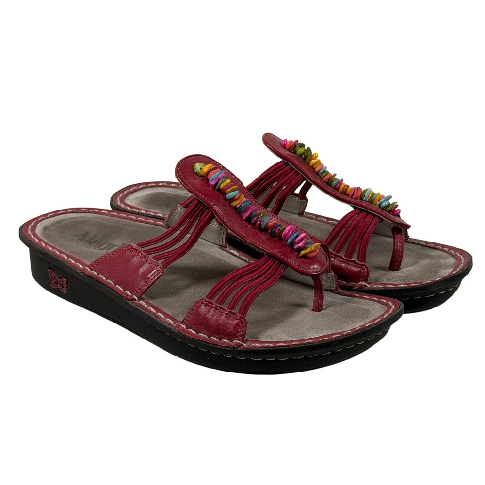 Alegria Red Leather Beaded‎ Sandals PIS-615 Womens 39 Multi-Color Boho Slide